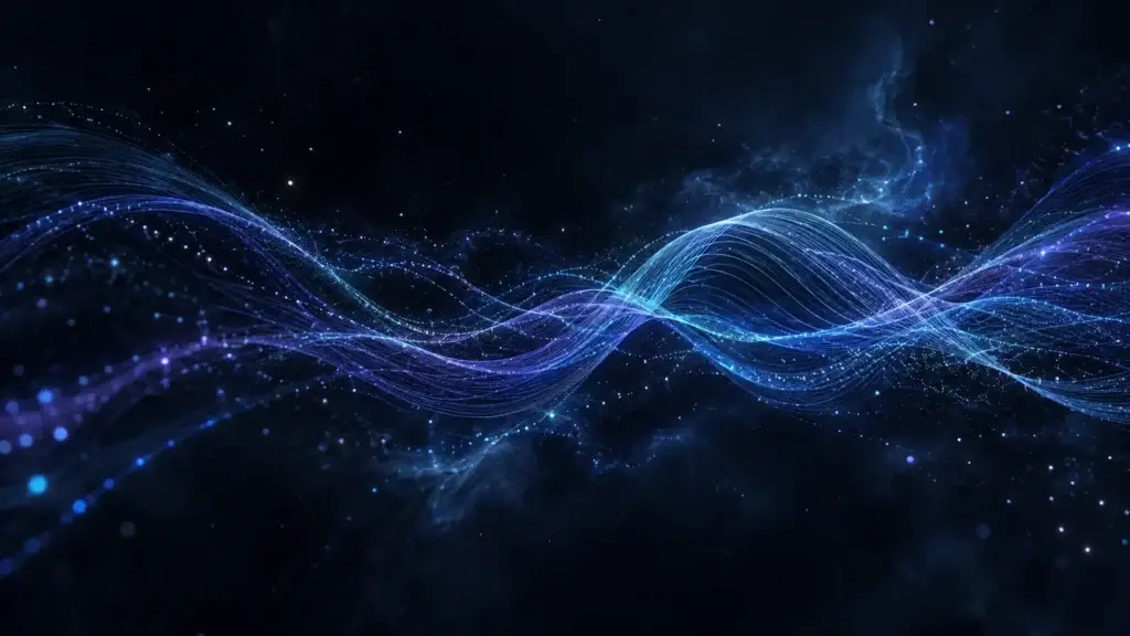 Fine cyan, blue and violet waveform lines flowing through a dark cosmic background