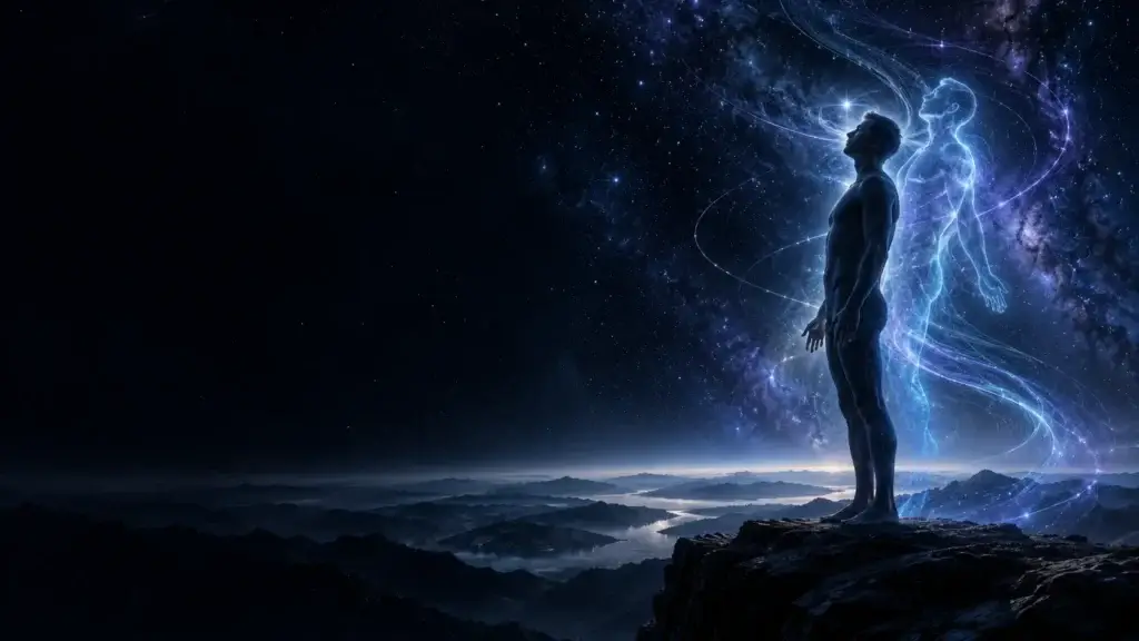 A calm luminous figure and translucent duplicate against a blue and violet cosmic horizon