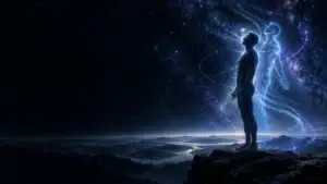A calm luminous figure and translucent duplicate against a blue and violet cosmic horizon