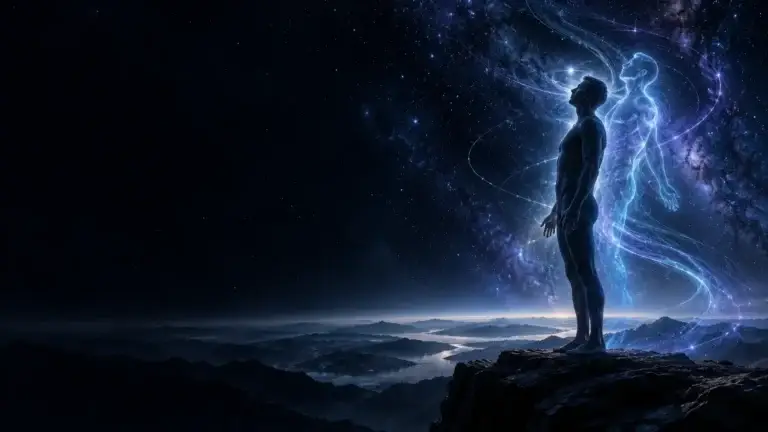 A calm luminous figure and translucent duplicate against a blue and violet cosmic horizon