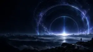 Fine blue and violet arcs above a dark mountain horizon, with a small figure facing distant light