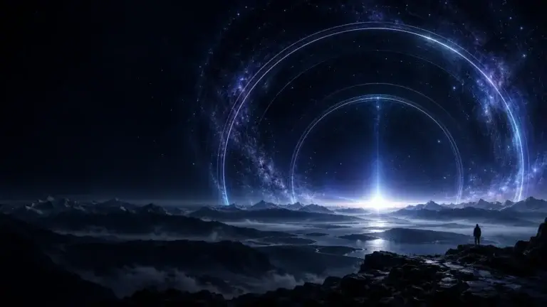 Fine blue and violet arcs above a dark mountain horizon, with a small figure facing distant light